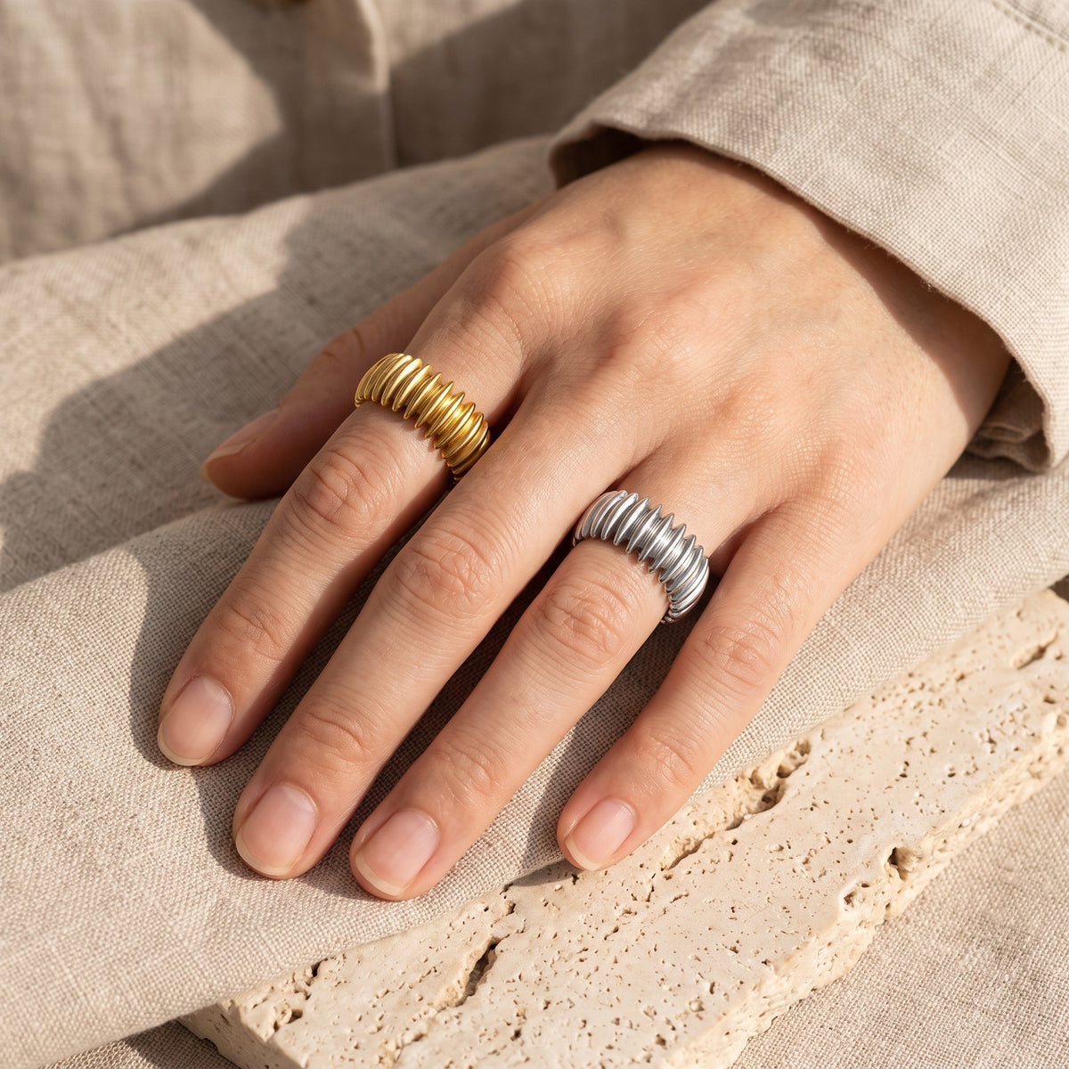 Wide Ring for Women – Chunky Ribbed Statement Band, Gold-Tone