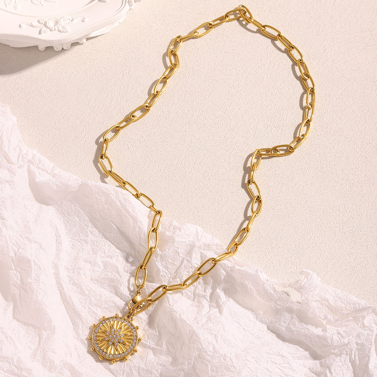 Star Pendant Necklace for Women – Cubic Zirconia Coin Medallion, Gold-Tone