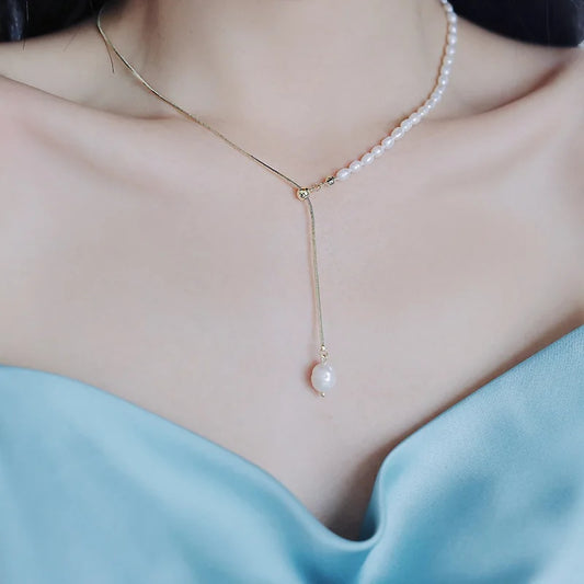 Rice Pearl Lariat Necklace