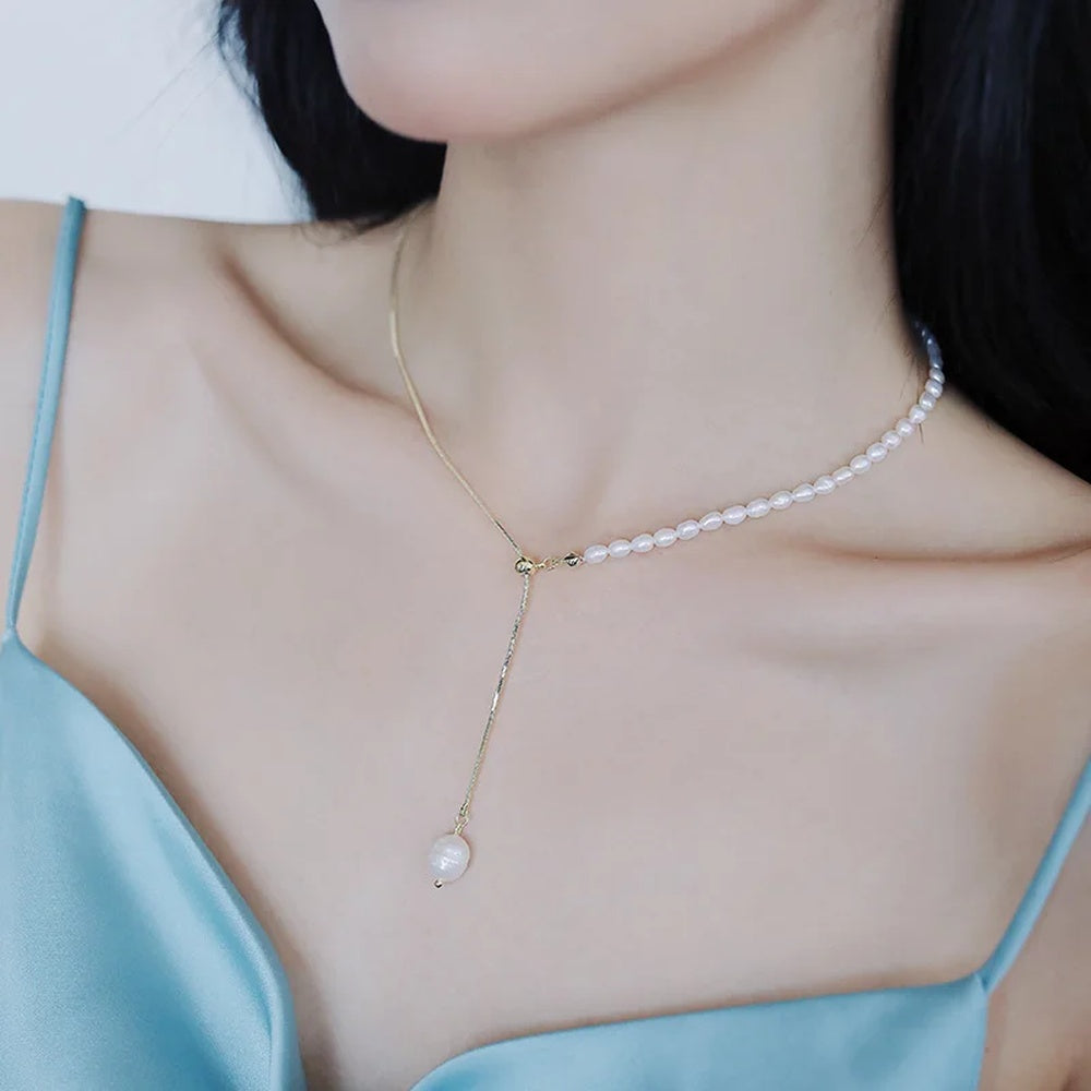 Pearl Lariat Necklace for Women – Cultured Freshwater Rice Pearl Y-Pendant, Gold-Plated Chain
