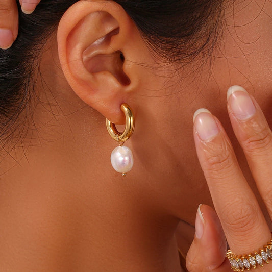 Chunky Gold-Tone Hoop Earrings with Cultured Freshwater Pearl Drop
