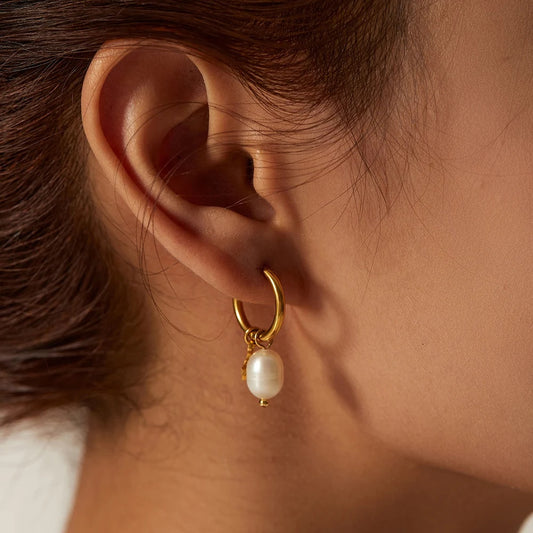 Cultured Freshwater Pearl Huggie Hoop Earrings with Star Charm