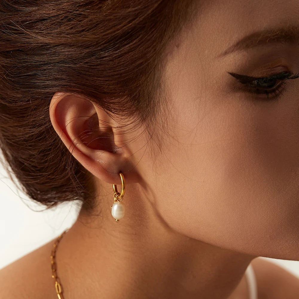 Pearl Huggie Hoop Earrings for Women – Cultured Freshwater Pearl with Star Charm, Gold-Plated