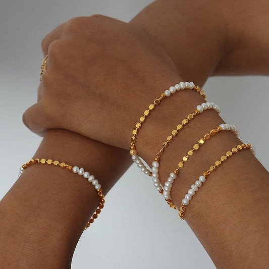 Cultured Freshwater Pearl and Gold Bead Station Bracelet