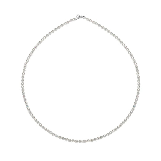 Dainty cultured freshwater rice pearl choker necklace flat on white