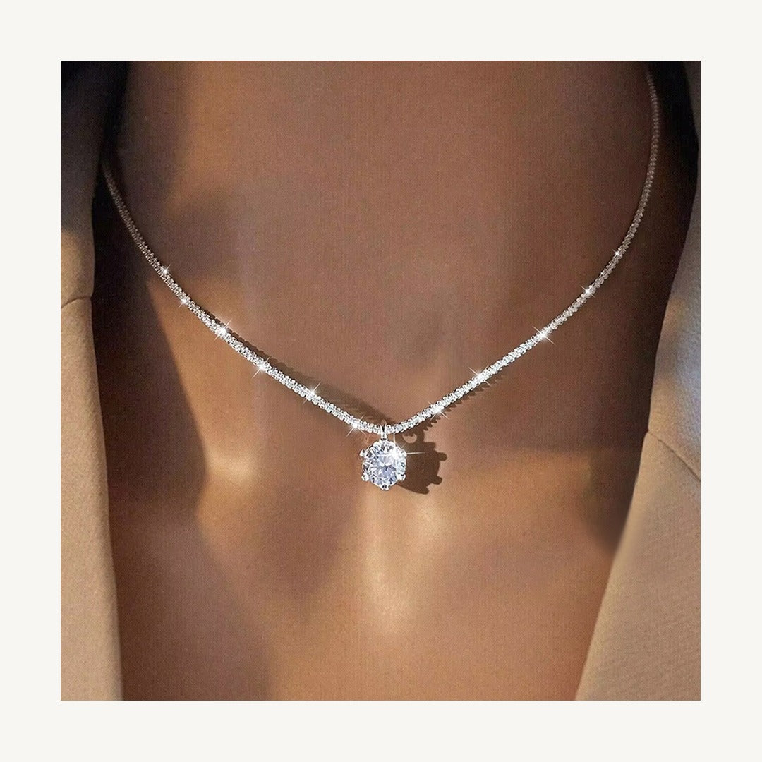 Lab-created moissanite solitaire pendant necklace worn