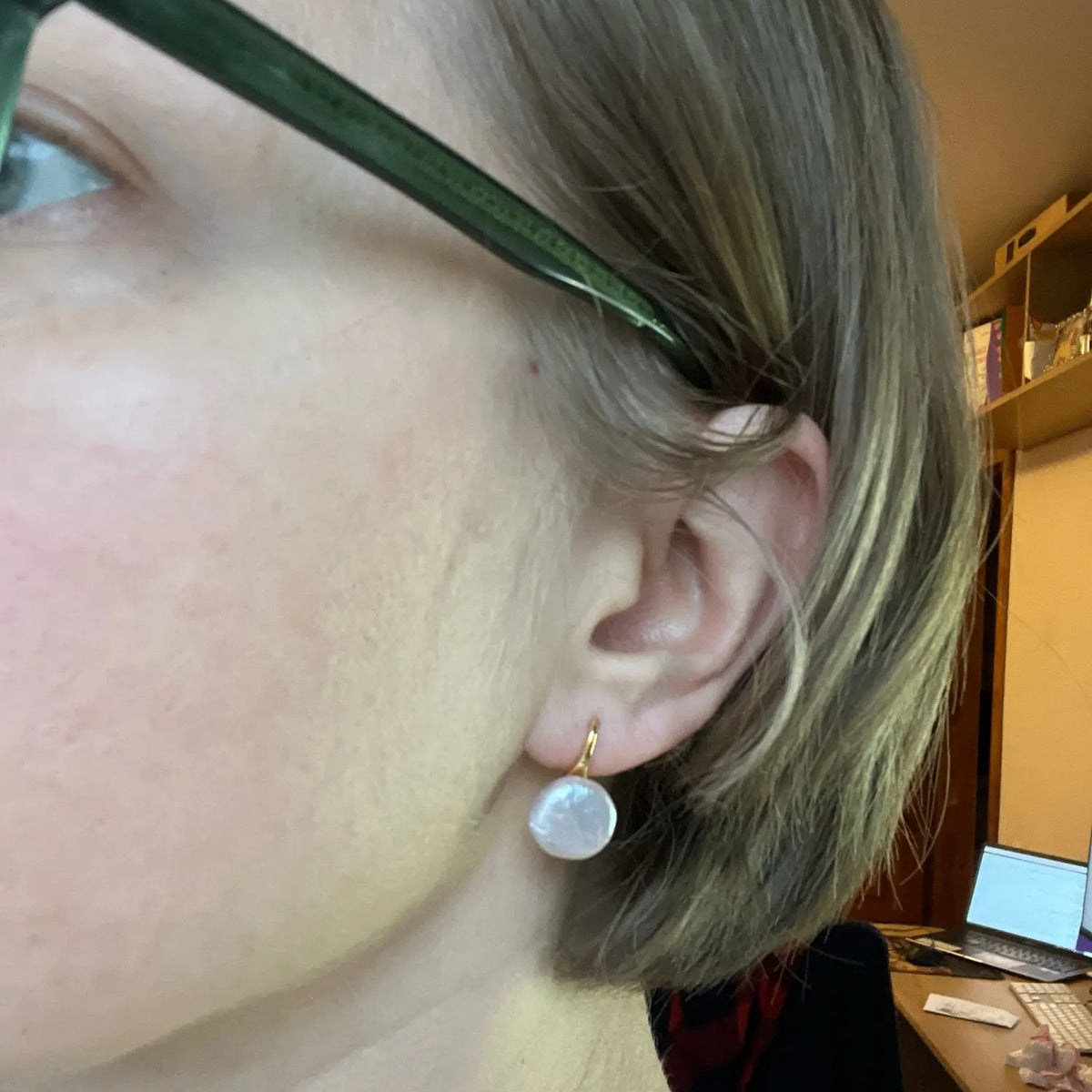 Baroque Cultured Freshwater Pearl Drop Earrings, worn on the ear, close-up