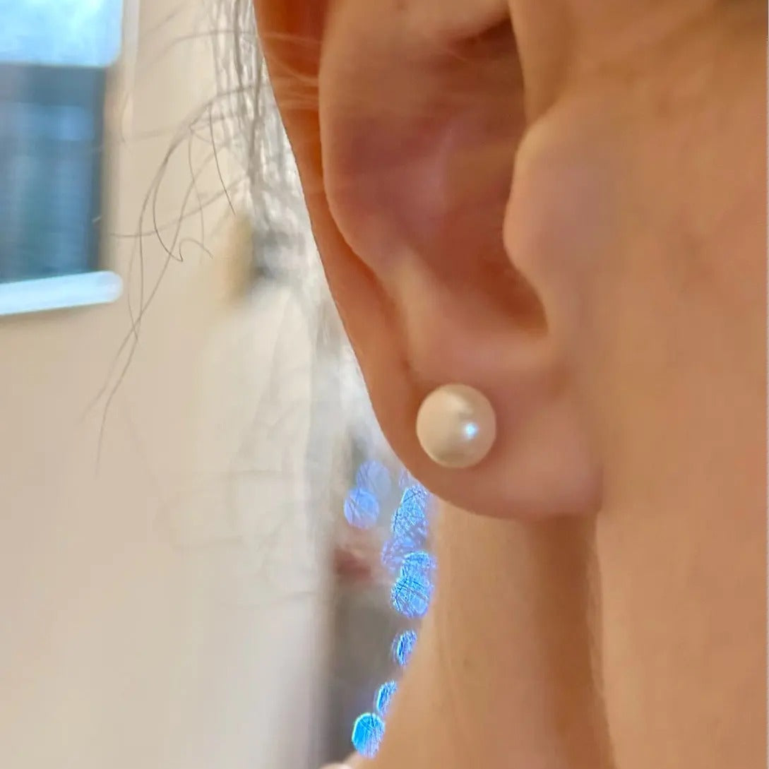Pearl Stud Earrings for Women – Cultured Freshwater White Button Pearls, Screw Back