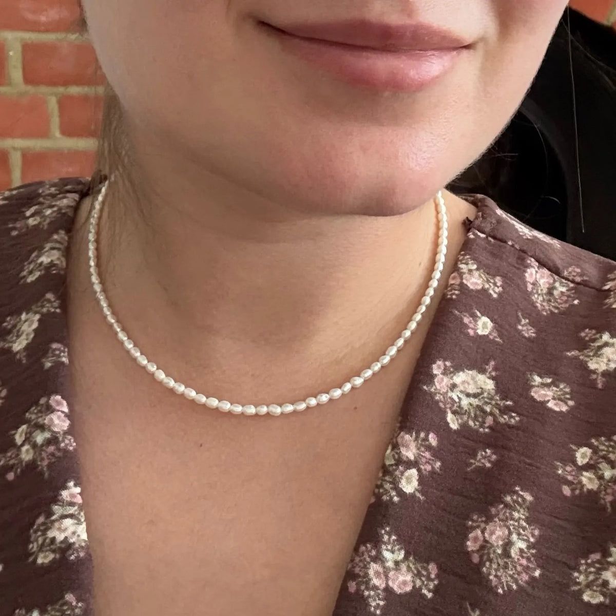 Dainty Cultured Freshwater Pearl Choker Necklace, worn with a floral top