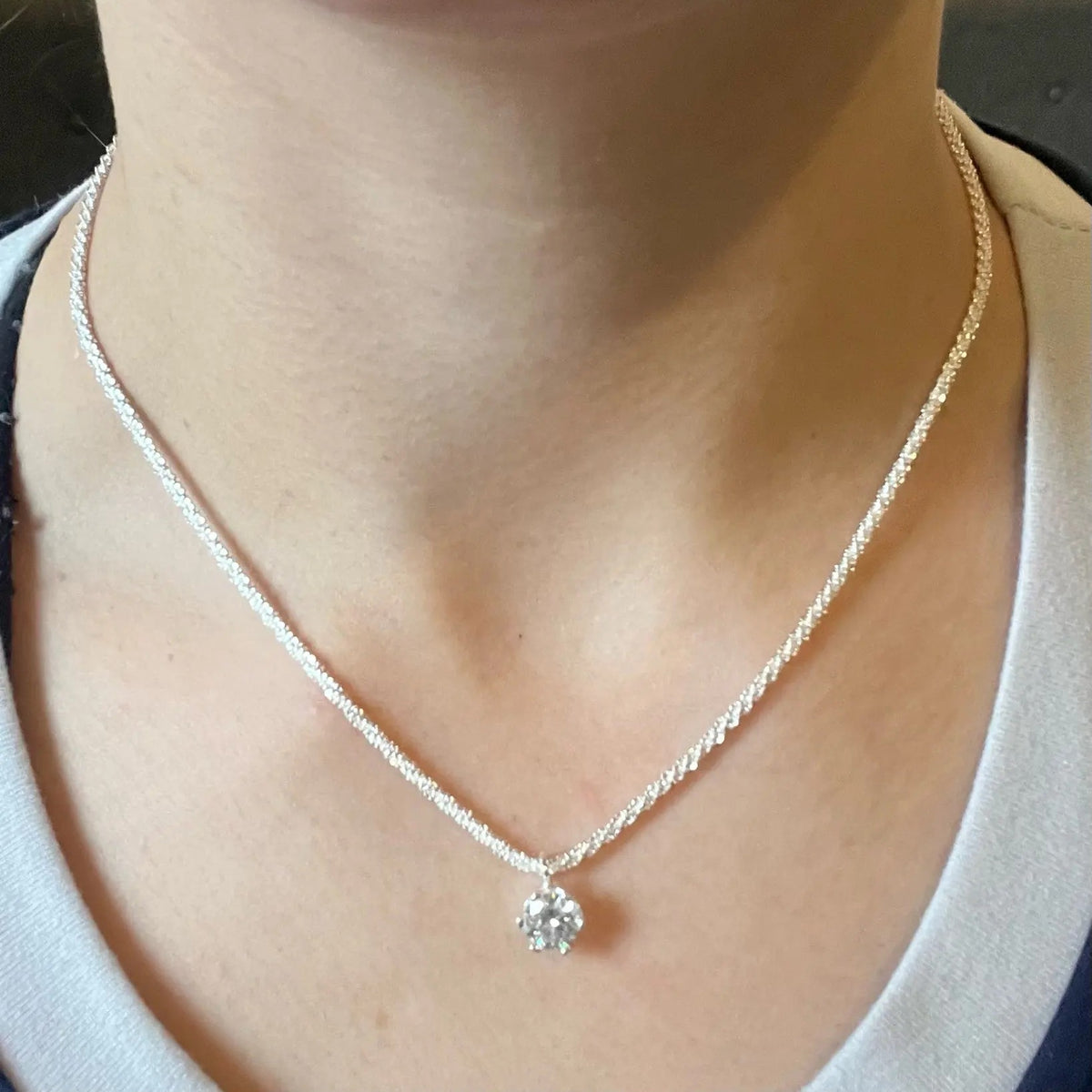 Lab-Created Moissanite Solitaire Pendant Necklace, worn on the neck