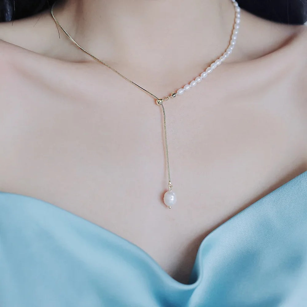 Rice Pearl Lariat Necklace