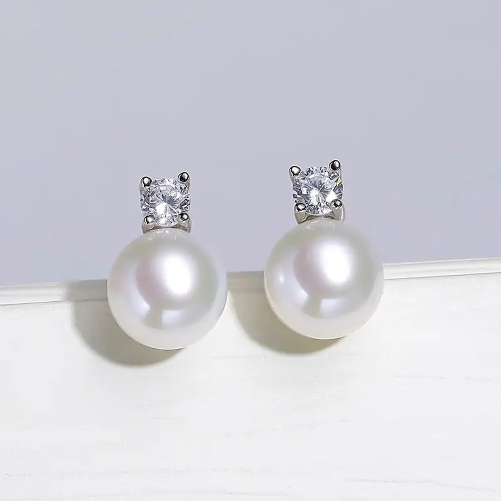 Cultured Freshwater Pearl Stud Earrings with Cubic Zirconia Accent
