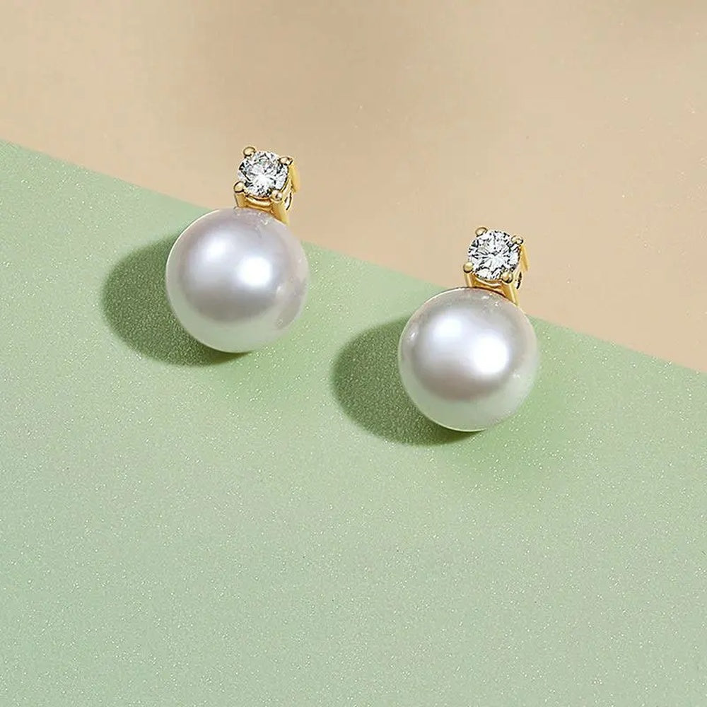 Cultured Freshwater Pearl Stud Earrings with Cubic Zirconia Accent