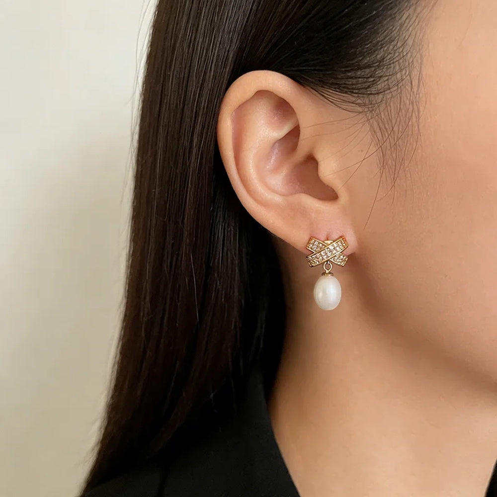 Cultured Freshwater Pearl Drop Earrings with Pavé Bow Top