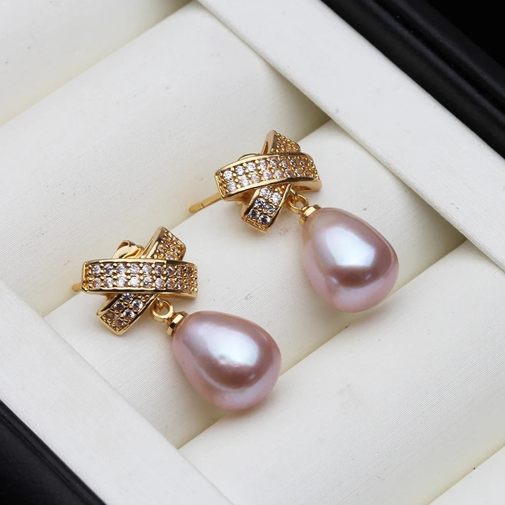 Cultured Freshwater Pearl Drop Earrings with Pavé Bow Top
