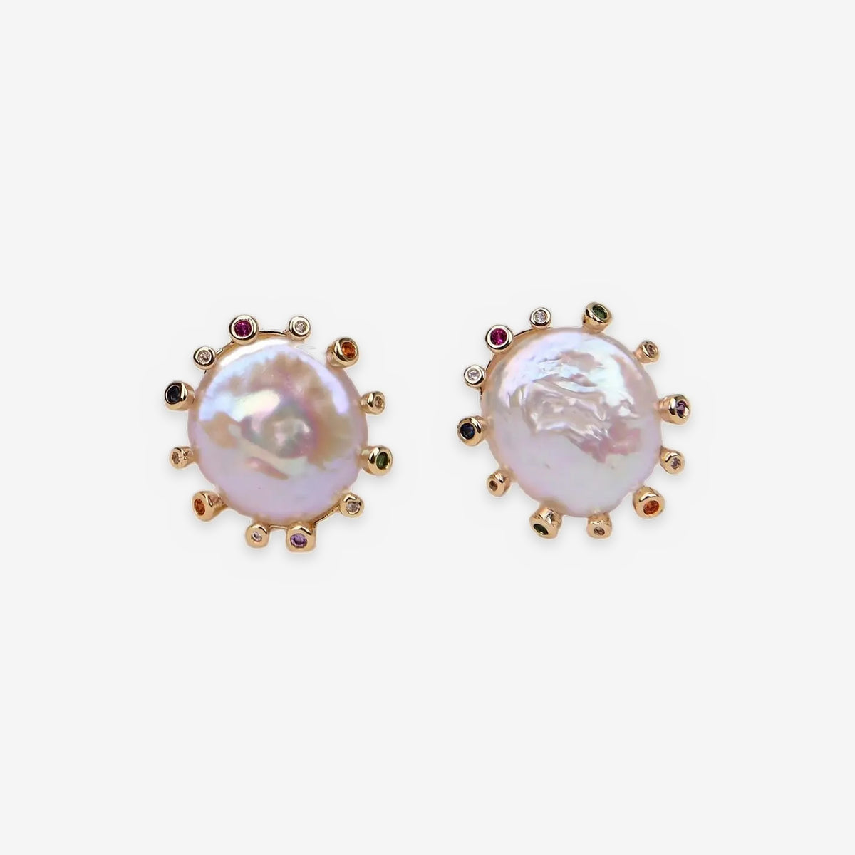 Cultured Coin Pearl Stud Earrings with Colorful Cubic Zirconia Halo