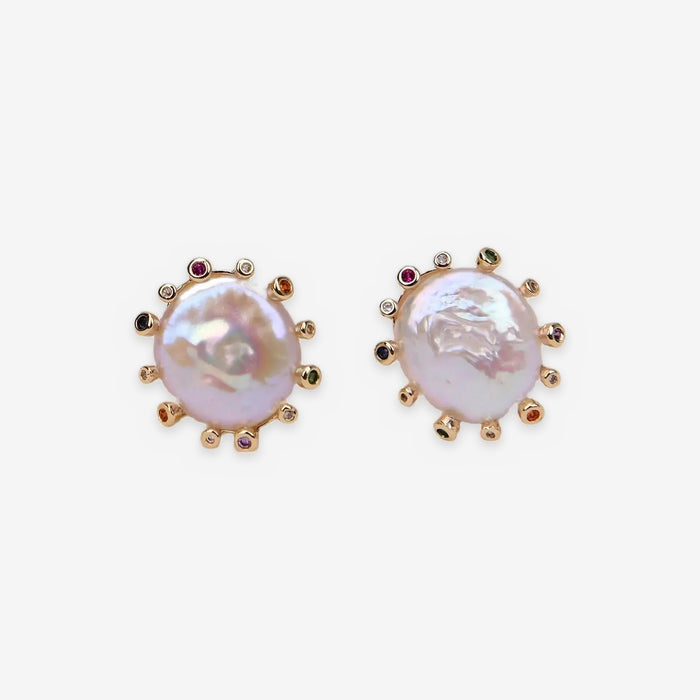 Coin Pearl Stud Earrings for Women – Cultured Pearl with Colorful Cubic Zirconia Halo, Gold-Tone