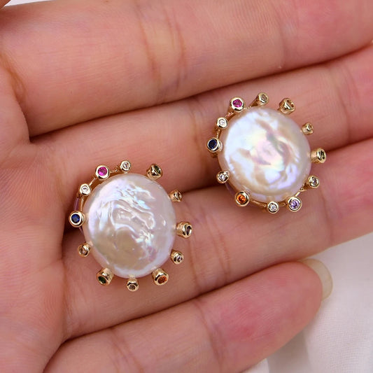 Cultured Coin Pearl Stud Earrings with Colorful Cubic Zirconia Halo