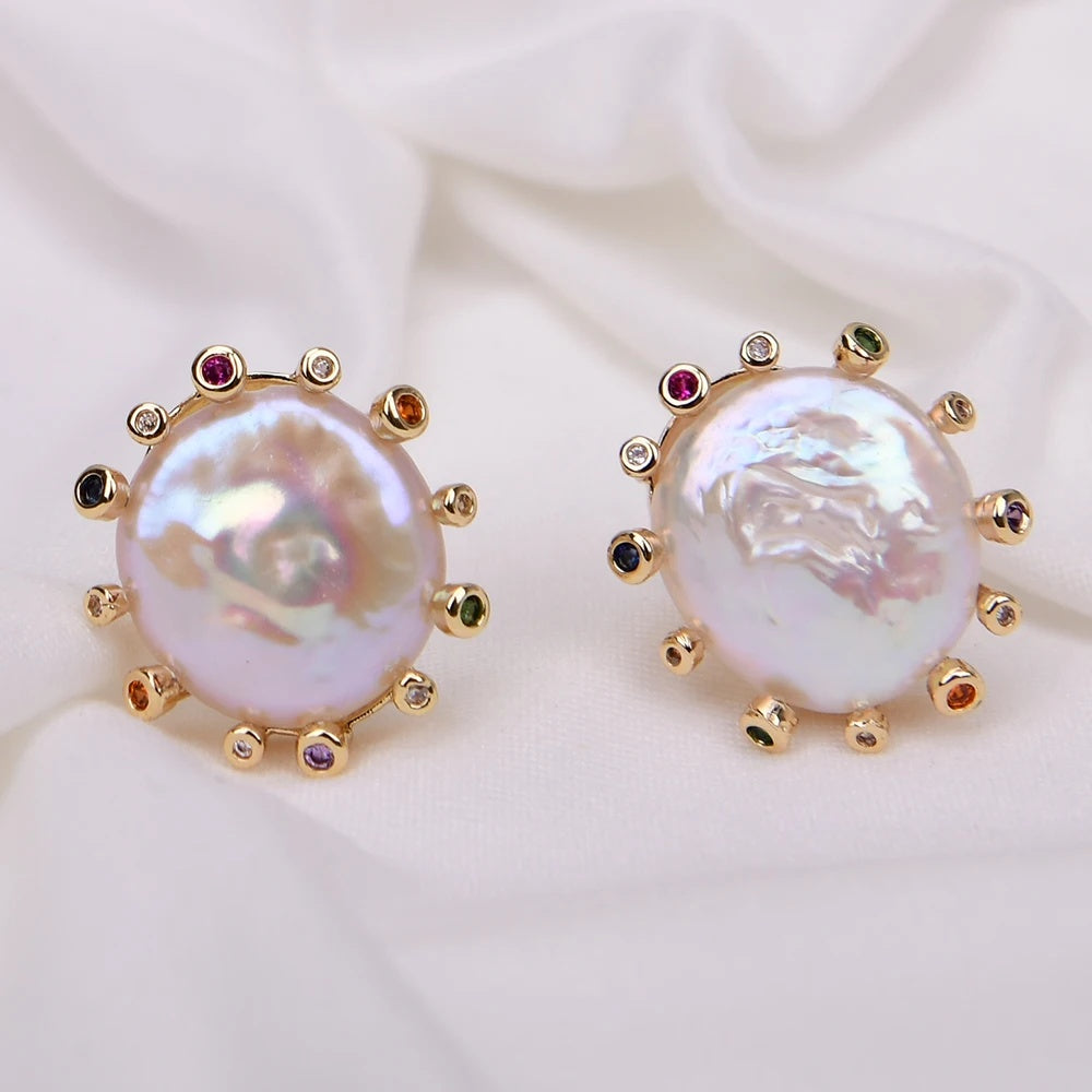 Cultured Coin Pearl Stud Earrings with Colorful Cubic Zirconia Halo