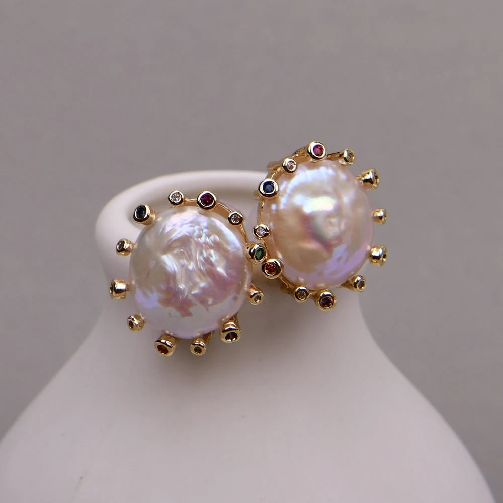 Cultured Coin Pearl Stud Earrings with Colorful Cubic Zirconia Halo