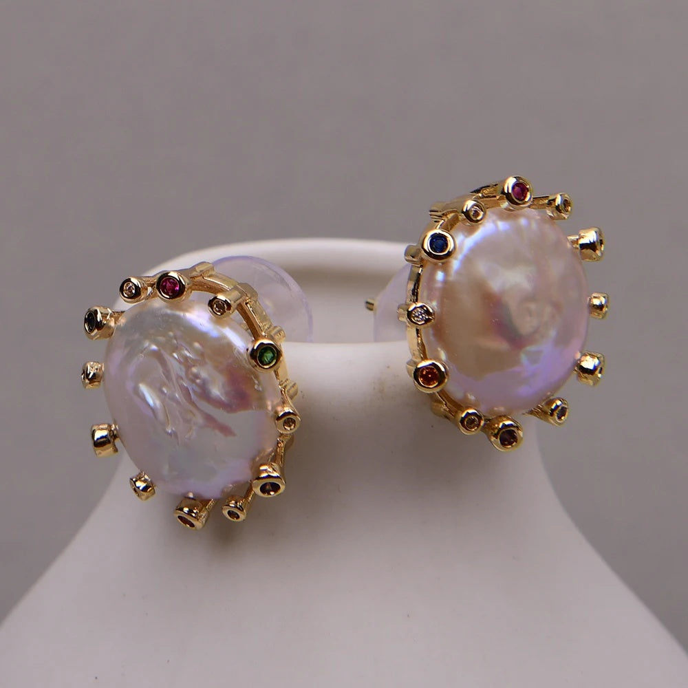 Cultured Coin Pearl Stud Earrings with Colorful Cubic Zirconia Halo
