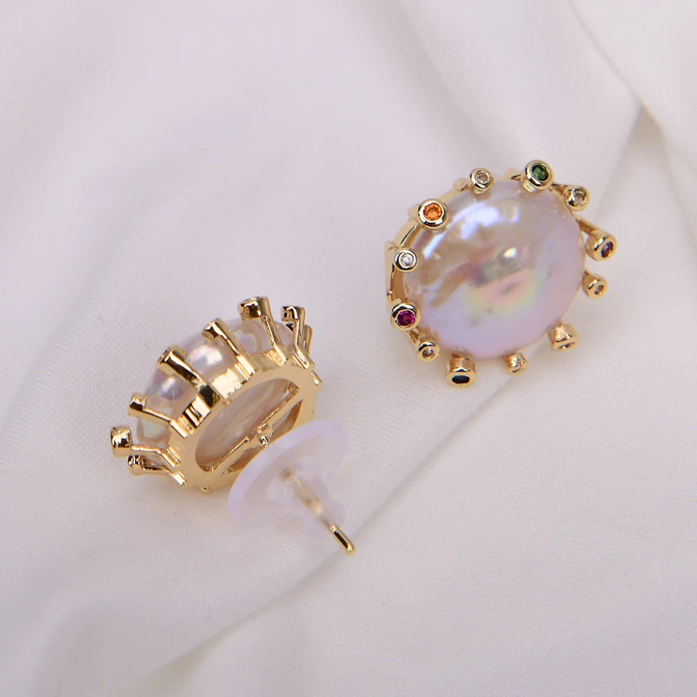 Cultured Coin Pearl Stud Earrings with Colorful Cubic Zirconia Halo