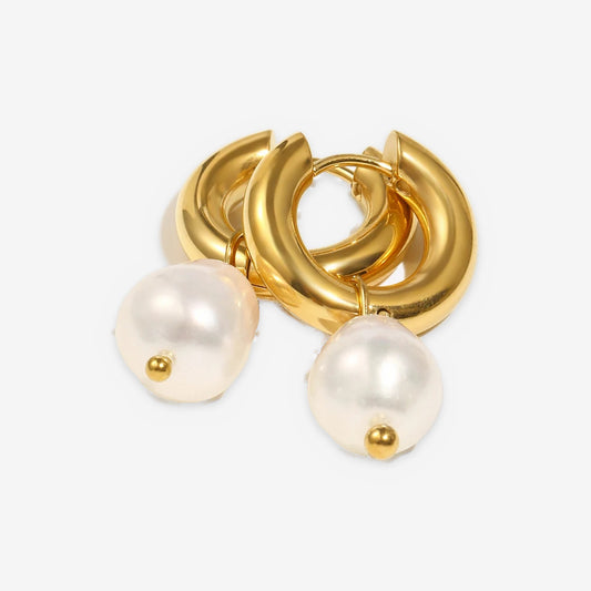 Chunky Gold-Tone Hoop Earrings with Cultured Freshwater Pearl Drop