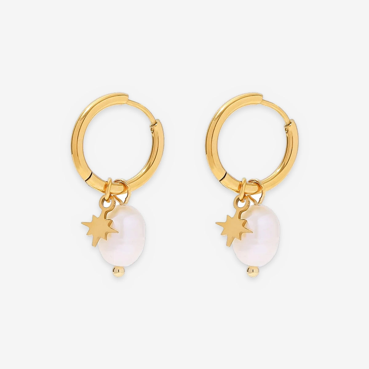 Cultured Freshwater Pearl Huggie Hoop Earrings with Star Charm