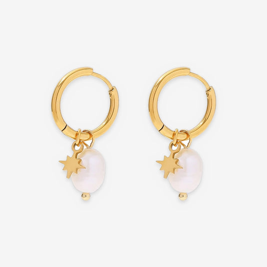 Cultured Freshwater Pearl Huggie Hoop Earrings with Star Charm