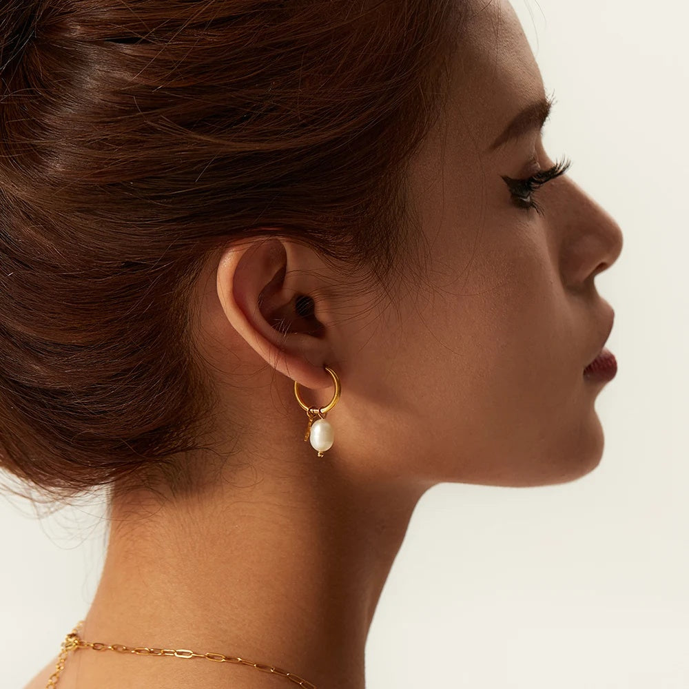 Cultured Freshwater Pearl Huggie Hoop Earrings with Star Charm