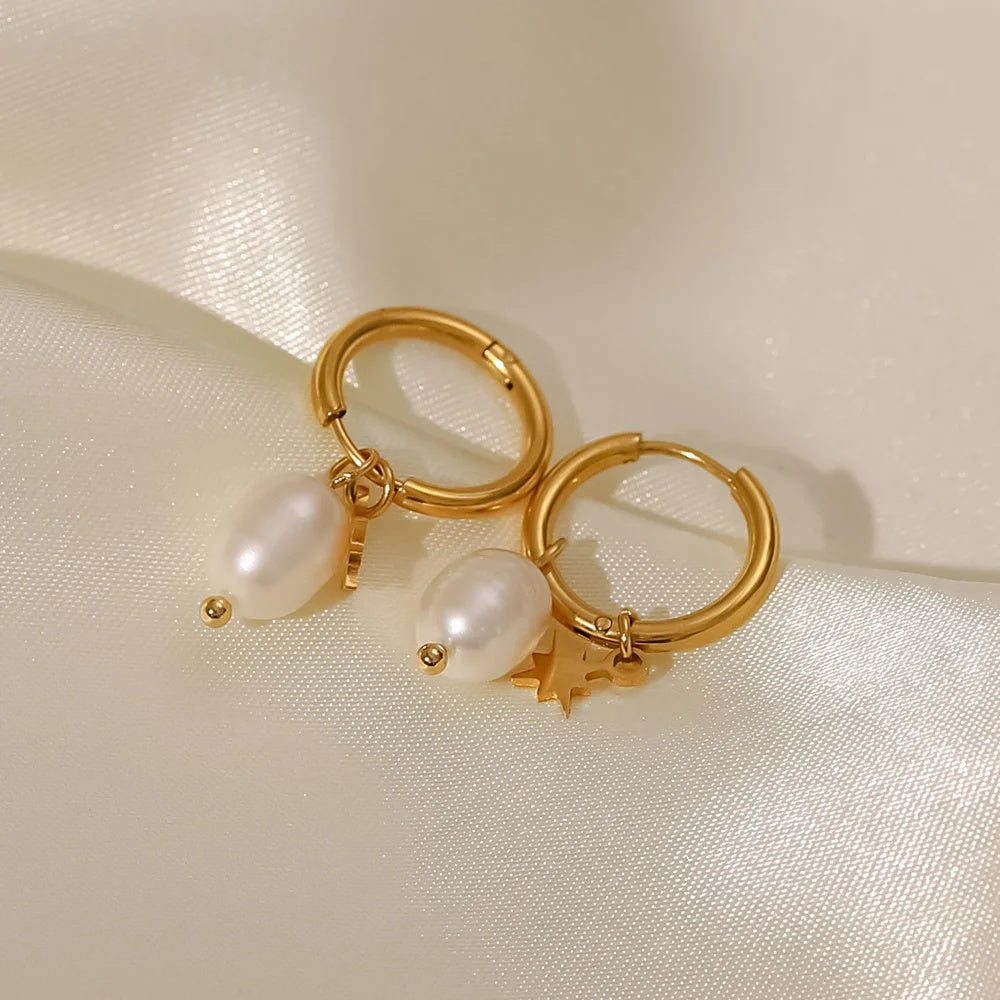 Cultured Freshwater Pearl Huggie Hoop Earrings with Star Charm