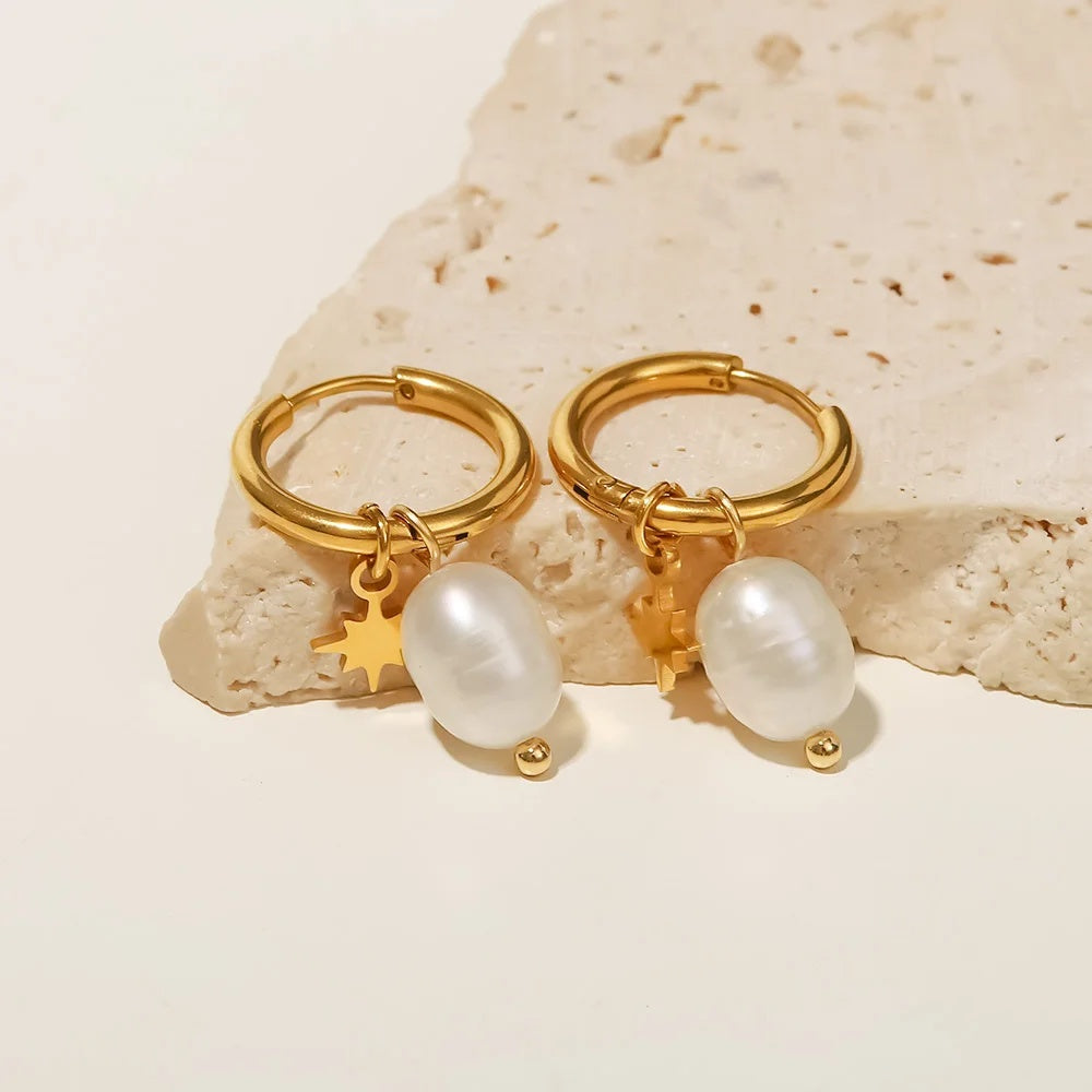 Cultured Freshwater Pearl Huggie Hoop Earrings with Star Charm