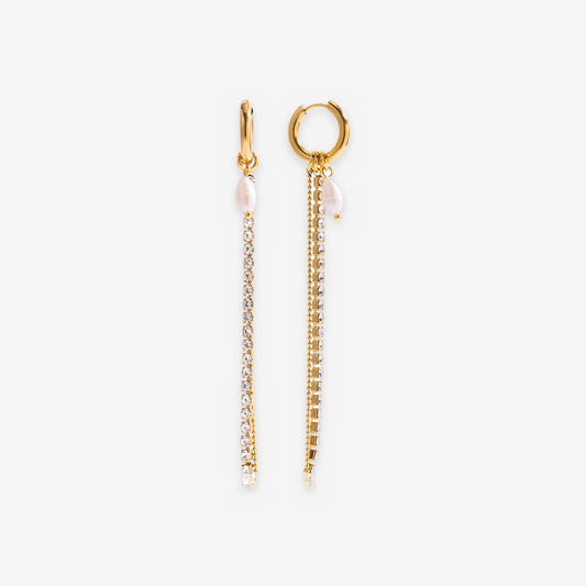 Cultured Freshwater Pearl Huggie Earrings with Long Cubic Zirconia Chain Drop
