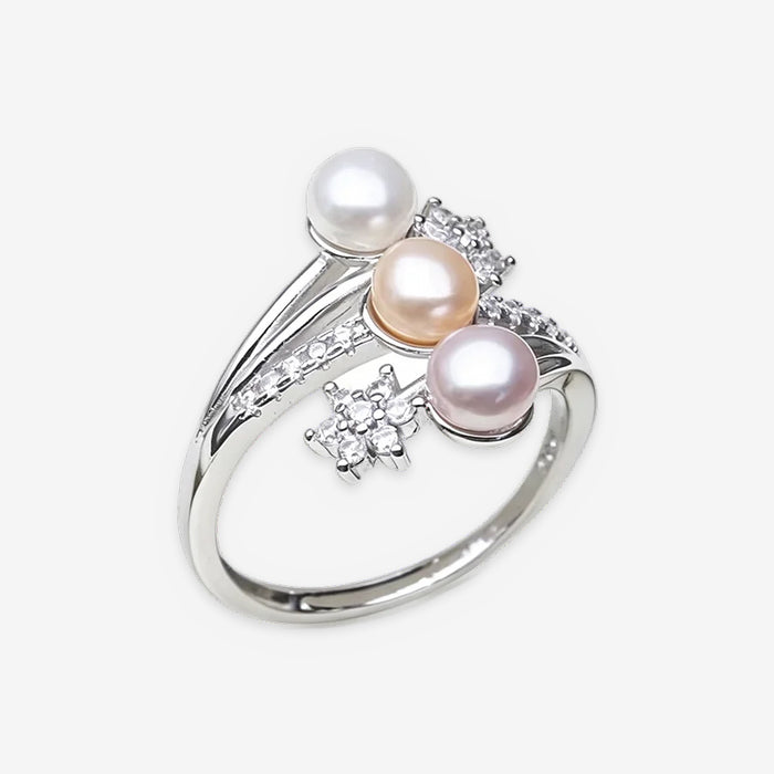 Pearl Cluster Ring for Women – Adjustable Cultured Freshwater Pearl Ring with Cubic Zirconia