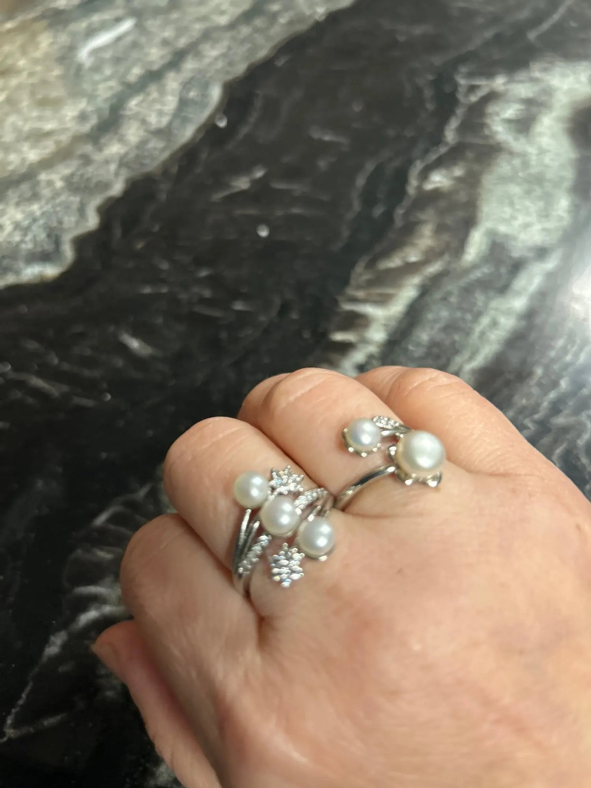 Pearl Cluster Ring for Women – Adjustable Cultured Freshwater Pearl Ring with Cubic Zirconia