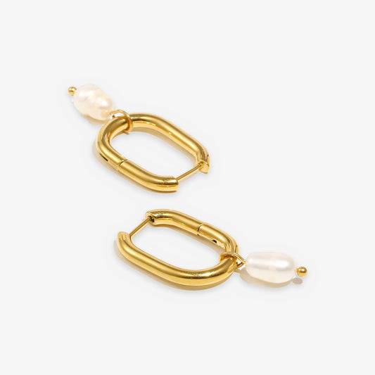 Cultured Freshwater Pearl Drop Oval Huggie Hoop Earrings