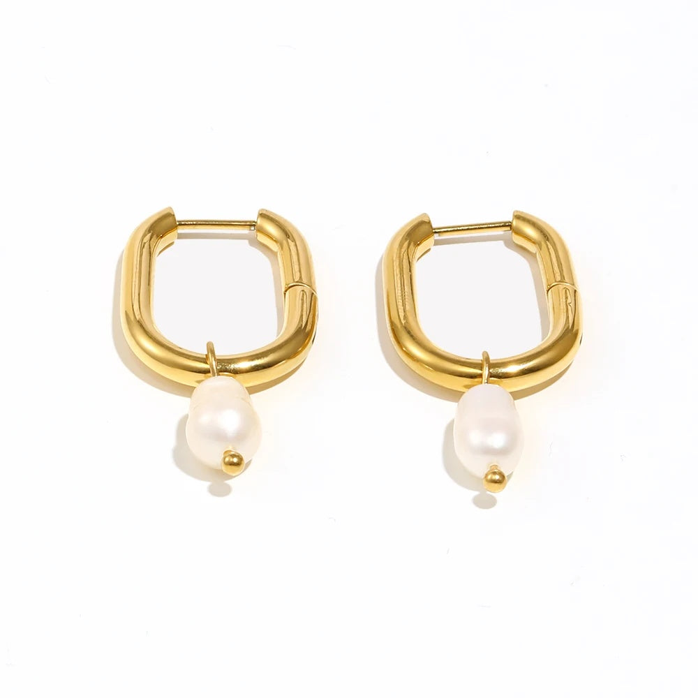Cultured Freshwater Pearl Drop Oval Huggie Hoop Earrings