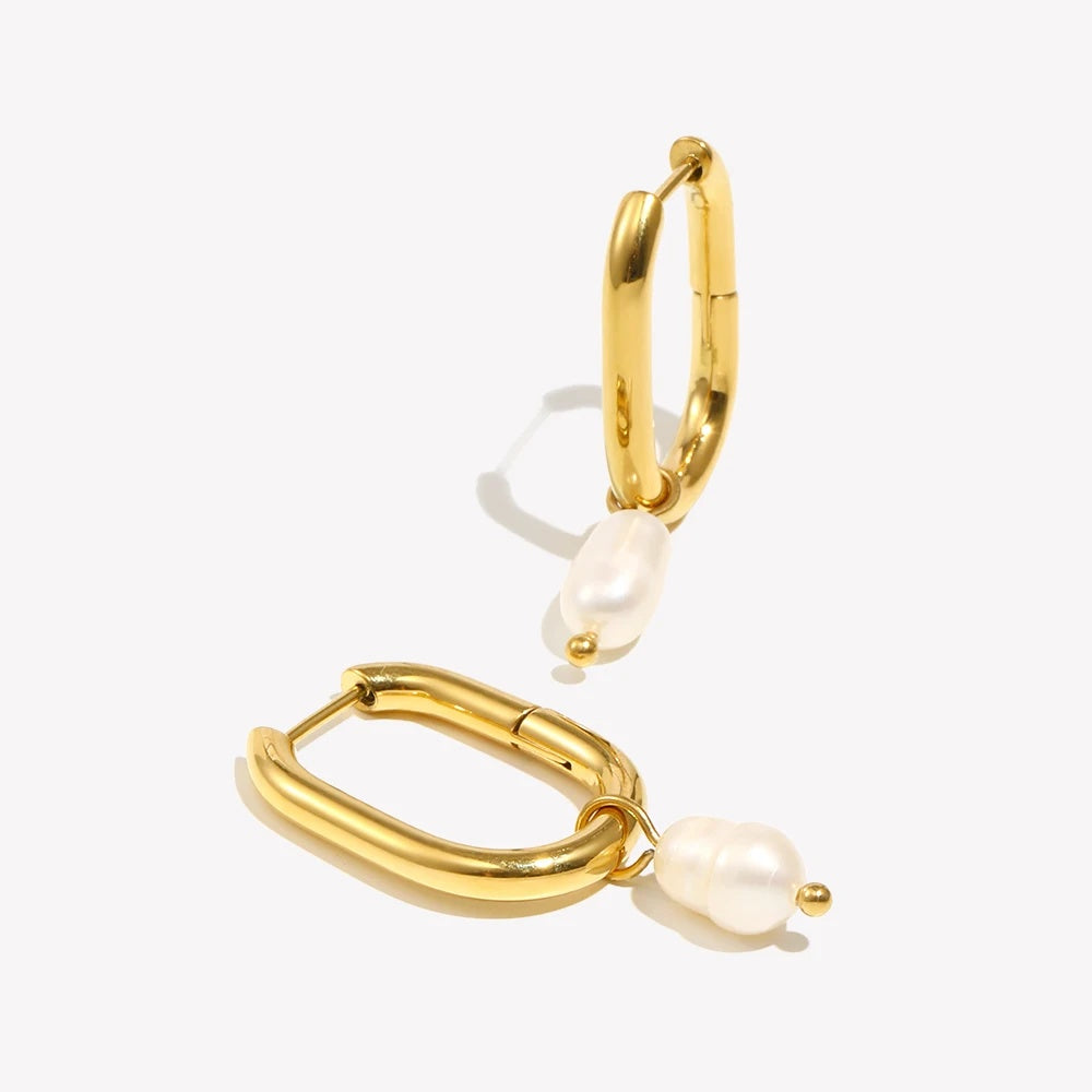 Cultured Freshwater Pearl Drop Oval Huggie Hoop Earrings