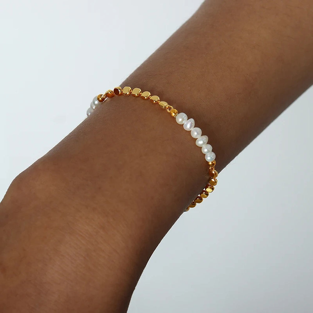 Cultured Freshwater Pearl and Gold Bead Station Bracelet