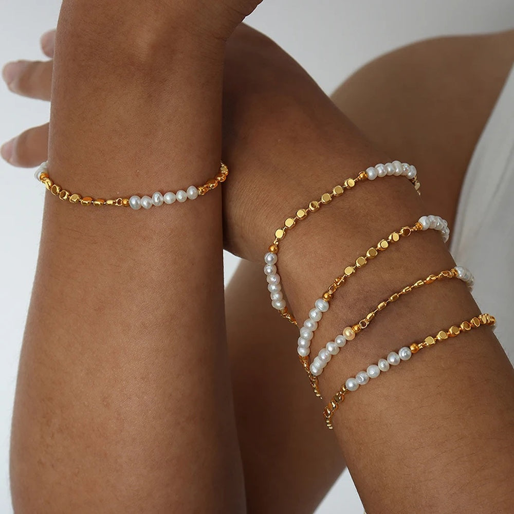 Cultured Freshwater Pearl and Gold Bead Station Bracelet