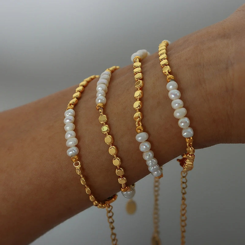 Cultured Freshwater Pearl and Gold Bead Station Bracelet