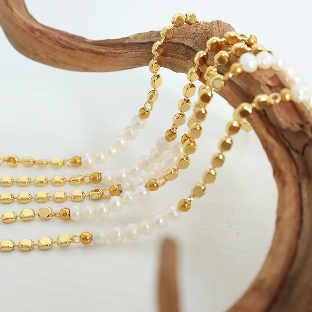 Cultured Freshwater Pearl and Gold Bead Station Bracelet