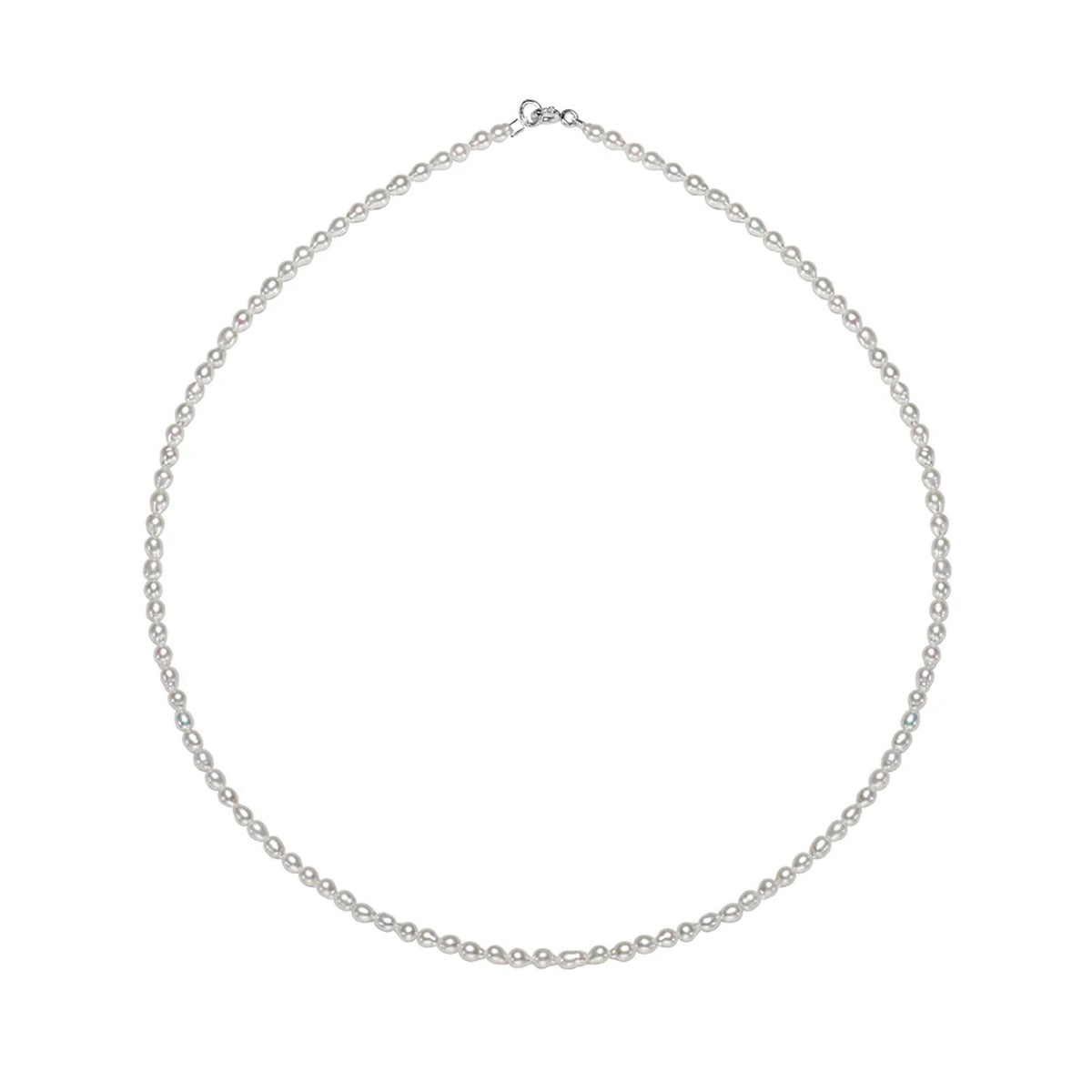 Dainty cultured freshwater rice pearl choker necklace flat on white